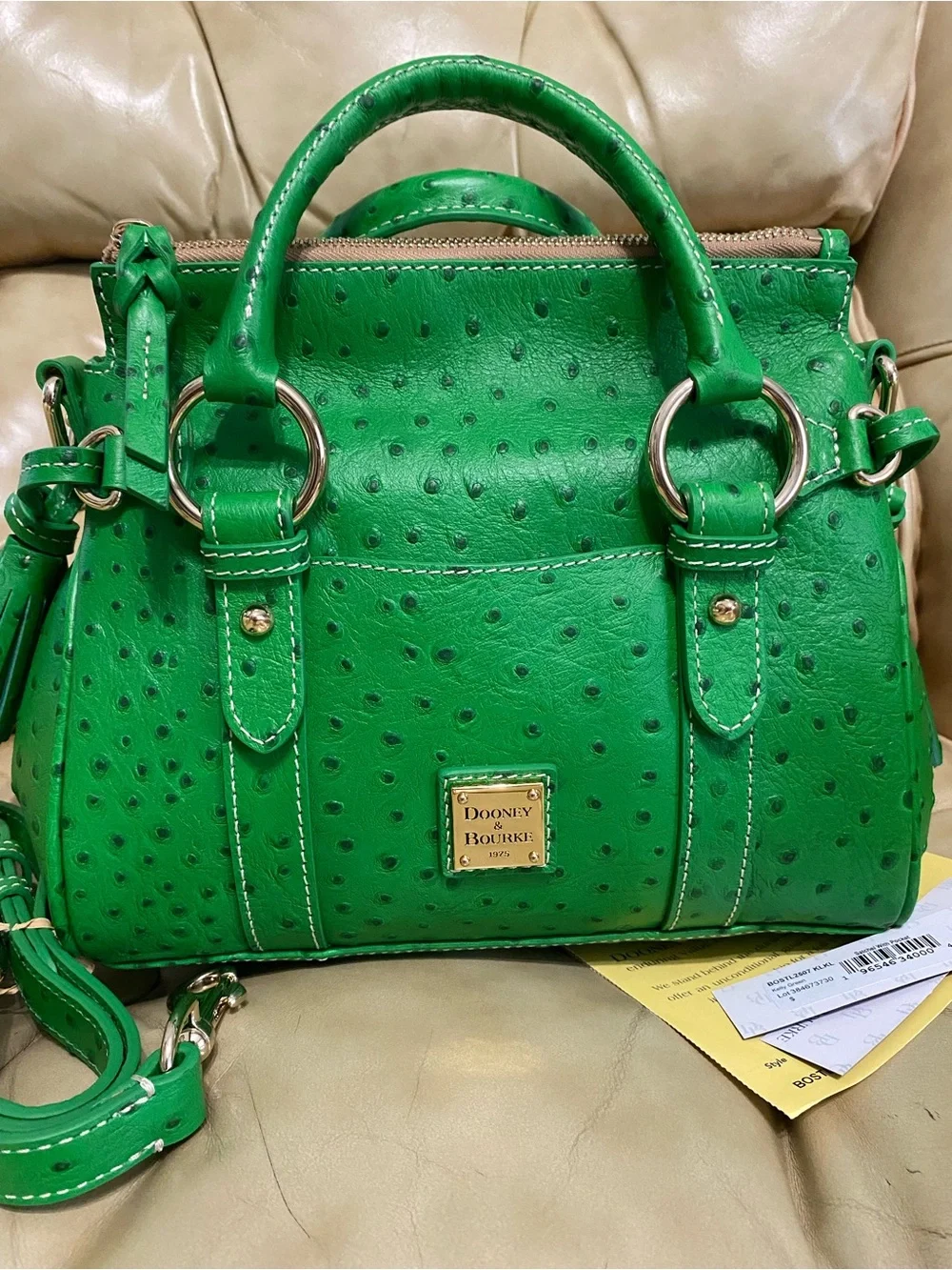 NEW Dooney & Bourke Kelly Green Pocket Satchel Ostrich Embossed Leather Tassel